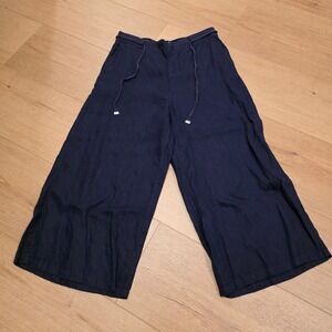 HALSTON Wide Leg Cropped Pants Size L Navy Blue 100% Linen
